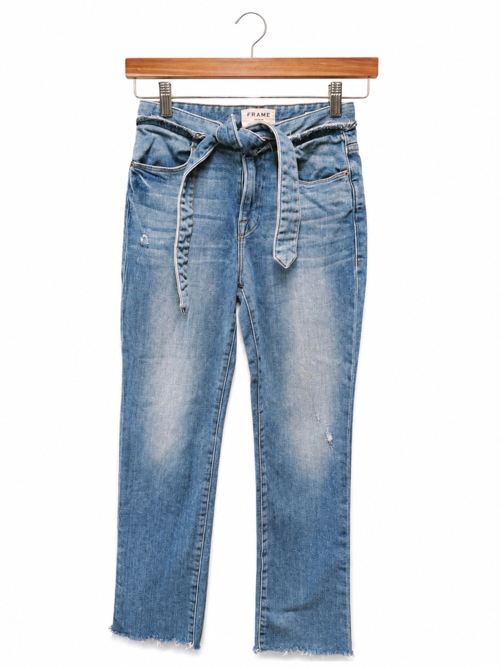 FRAME Le High Straight Tie Waist Jeans Frayed Hem Faded Blue Wash, Size 25 - Picture 2 of 12